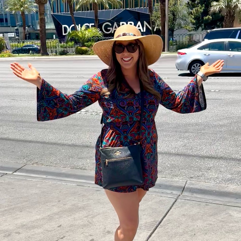 DEREK HEART Colorful Boho Bell Sleeve Dress Lg